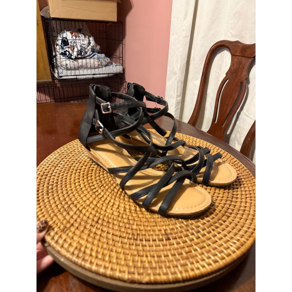 Colette Black Strappy Gladiator Wedge Sandals Low Cork Heel Size 9M